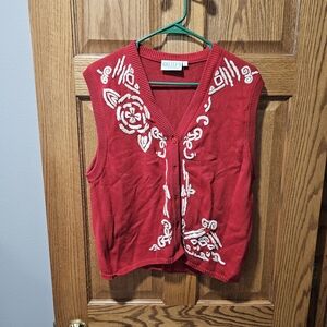 Vintage Lily's Of Beverly Hills Red Sleeveless Top with White Embroidery